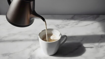 Hot milk being poured into white cup on marble kitchen counter