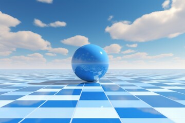 Blue glossy sphere resting on a checkered floor reflecting light clouds and sky