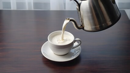 Milk being poured into white cup on dark wooden table