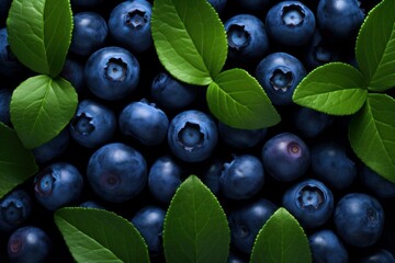 Ripe blueberries and vibrant green leaves filling the frame, symbolizing fresh and natural food