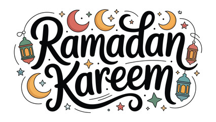 Ramadan Kareem: Embrace the spirit of Ramadan with this celebratory design, featuring elegant calligraphy adorned with crescent moons and stars, celebrating a time of reflection and joy.