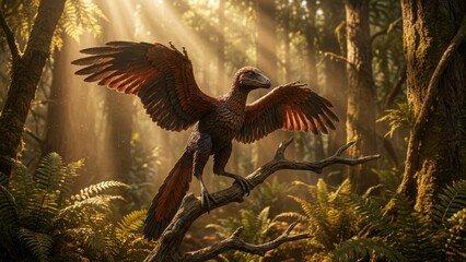 Obraz premium Archaeopteryx-like feathered dinosaur perched on a tree branch, spreading its wings in a lush ancient jungle with sunbeams filtering through dense foliage, symbolizing prehistoric life and evolution