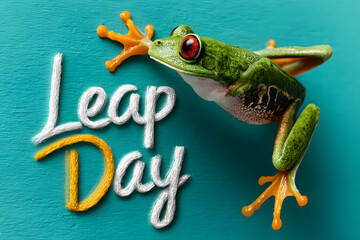 Leap day cartd, frog jumping on text, illustration