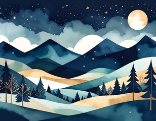 Enchanting starry night over rolling hills and pine trees with a full moon in the sky, artistic landscape illustration