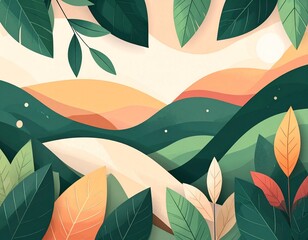 Stylized illustration of a tranquil natural landscape with lush green foliage and gentle rolling hills under a soft sky, evoking serenity and organic beauty through modern design
