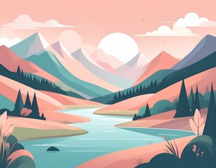 Serene pastel mountain landscape with a calm river flowing through a tranquil valley under a minimalist sky, showcasing peaceful nature scenery and soft hues