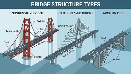 Bridge structure types diagram presenting suspension, cable-stayed, and arch bridges with their key components, highlighting the principles of tension and compression in architectural engineering