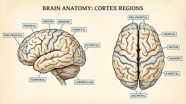 Human brain showing detailed anatomy with labels for lobes and cortex regions, offering an educational look into neurology and medical science for learning about the central nervous system