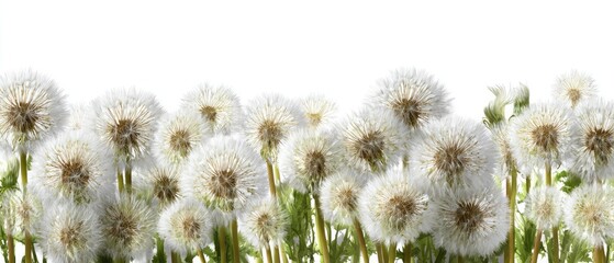 Dandelion flowers blowing in the wind on white background