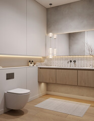Modern bright bathroom interior with wooden furniture, sink with mirror, 3d rendering