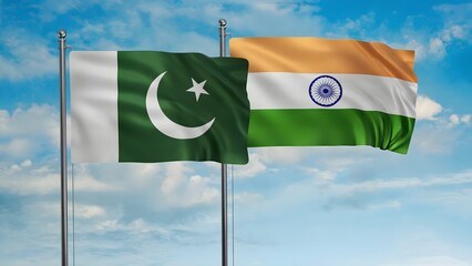 Pakistan and India national flags flying together in blue sky