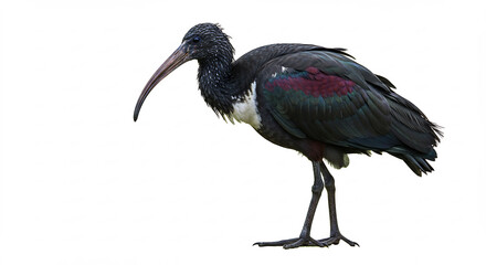 Superbe ibis � bec courb� sur fond blanc �clatant r�v�lant les riches teintes de son plumage iris� en pleine lumi�re.. AI Generated