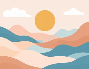 Soft Pastel Abstract Landscape Illustration with a Golden Sun and Gentle Rolling Hills, Creating a Serene and Tranquil Natural Scene in a Modern Minimalist Style