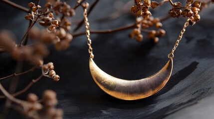 Gold crescent necklace on dark background, dry flowers