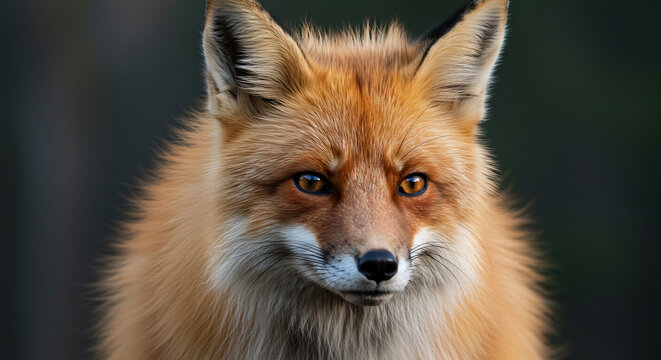 Portrait serre d un renard roux regard intense yeux vifs fourrure flamboyante eclaire par lumiere naturelle douce. AI Generated