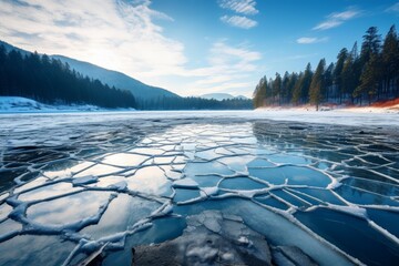 Ice fragments covering a frozen lake reflecting a clear blue winter sky