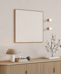 Mock up square frame in light beige home interior background, home with minimal decor, 3d render