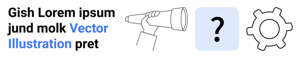 Exploration, decision-making, problem-solving, creativity, innovation, brainstorming. Hand holding telescope, question mark in square gear icon. Exploration and decision-making visualization