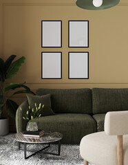 Four black frames mockup in bright living room, 3d rendering