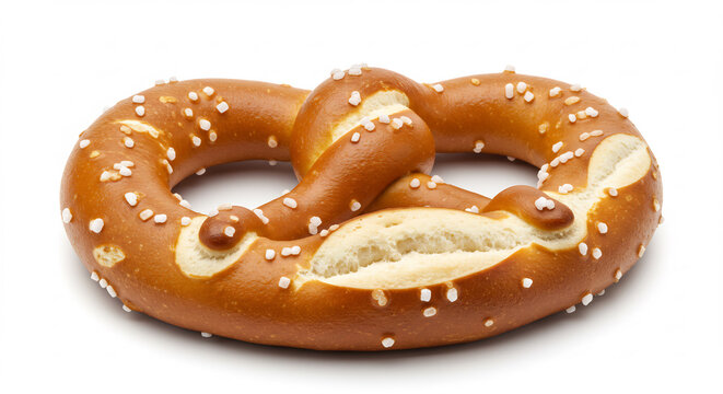 Bretzel traditionnel dor� genereusement sale mis en valeur par un eclairage studio eclatant sur fond blanc pur. AI Generated