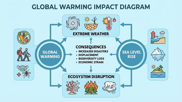 Global warming impact diagram outlining climate change consequences including extreme weather, sea level rise, and ecosystem disruption, affecting humans and the environment