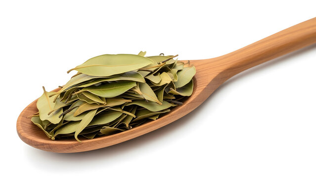 Dried Boldo Leaves on a Wooden Spoon Isolated on White Background, Medicinal Herbal Leaves Used for Digestive Health and Natural Remedies
