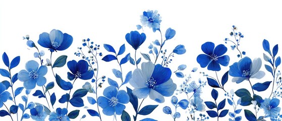Vibrant blue floral arrangement with lush leaves on white background for elegant designs
