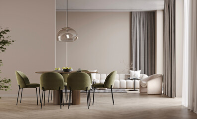 Home living room interior with table and green chair, modern light dining, beige empty wall mock up, 3d render