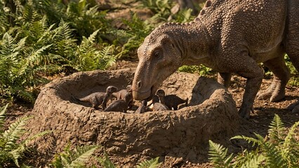 Obraz premium Adult dinosaur gently tending to its newly hatched offspring in a muddy nest surrounded by lush green prehistoric ferns in a detailed computer-generated image