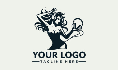 A stylized vector logo featuring a woman with long hair holding a music note, with a placeholder for a company logo and tagline in a modern design.