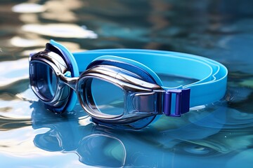 Swimming goggles resting on blue water, reflecting light and creating ripples