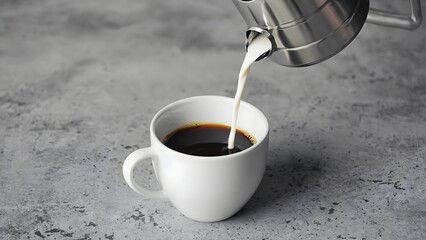 Black coffee being poured into white cup on grey surface