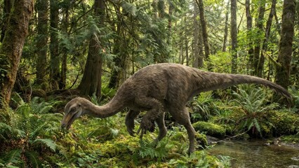 Obraz premium Gallimimus dinosaur walking near a stream in a dense, lush prehistoric forest, illustrating ancient wildlife and extinct species in a natural, historical environment