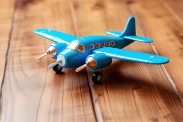 Blue toy airplane resting on a wooden surface, symbolizing travel and childhood imagination