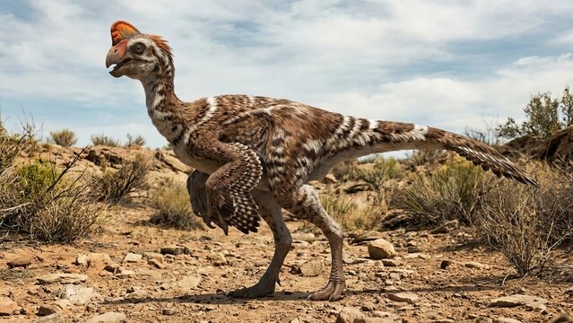 Feathered citipati dinosaur with orange crest standing on dry rocky terrain beneath a vast sky, paleoartful depiction of prehistoric wildlife and evolutionary history