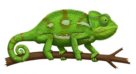 Obraz premium Illustration r�aliste d'un cam�l�on vert vibrant aux motifs complexes perch� sur une branche fond blanc isol�. AI Generated