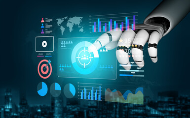 A robotic hand engages with interactive data visualization, showcasing advanced analytics and infographics against a sleek digital backdrop for technology enthusiasts. Gantry