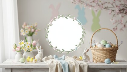 Easter celebration decor with rabbits and eggs cozy indoor setting still life composition soft natural light festive atmosphere for spring home decor inspiration