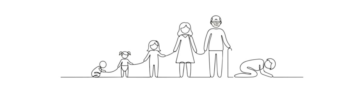 Continuous line drawing depicting various stages of human life from childhood to old age, family