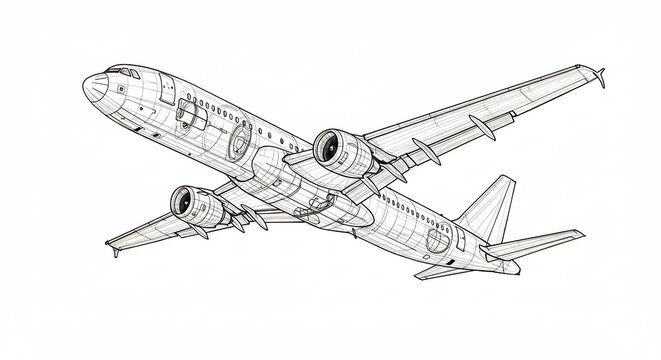 Plan technique d�taill� dun avion de ligne en perspective illustration wireframe style blueprint sur fond blanc clair. AI Generated