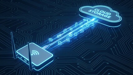 Router transferring files and data packets through an internet connection to a glowing virtual cloud storage icon on a dark blue circuit board background. Illustrating wireless and network technology