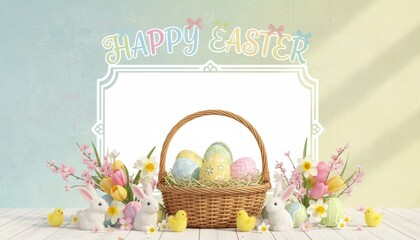Easter celebration with colorful eggs and floral decorations festive home setting digital illustration bright and cheerful atmosphere bird's eye view spring holiday theme