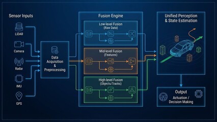Sensor fusion system processing inputs from lidar, camera, radar, imu, and gps for unified perception, state estimation, and decision making in autonomous vehicles