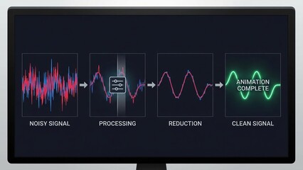 Digital display showing a noisy, complex waveform being filtered into a clean, simple signal, illustrating noise reduction, data purification, and signal processing techniques for clarity