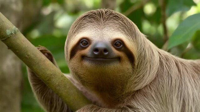 Ultra HD sloth close-up portrait with slow gentle eyes and soft fur texture, natural forest light, 4k cinematic.