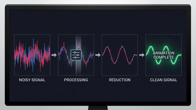 Digital display showing a noisy, complex waveform being filtered into a clean, simple signal, illustrating noise reduction, data purification, and signal processing techniques for clarity - Powered by Adobe
