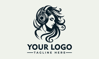Vector logo design featuring a woman wearing headphones with flowing hair and a placeholder text for a company logo and tagline on a light gray background.