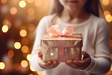 Child holding a festive glitter gift box with warm holiday lights