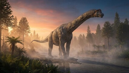 Obraz premium Brachiosaurus, a large sauropod dinosaur, standing by a river in a dense prehistoric forest, with mist rising and a vibrant sunset sky creating dramatic atmosphere