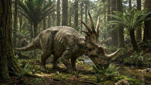 Styracosaurus dinosaur standing by a clear stream in a lush prehistoric forest, illustrating ancient wildlife and the primeval wilderness of the mesozoic era